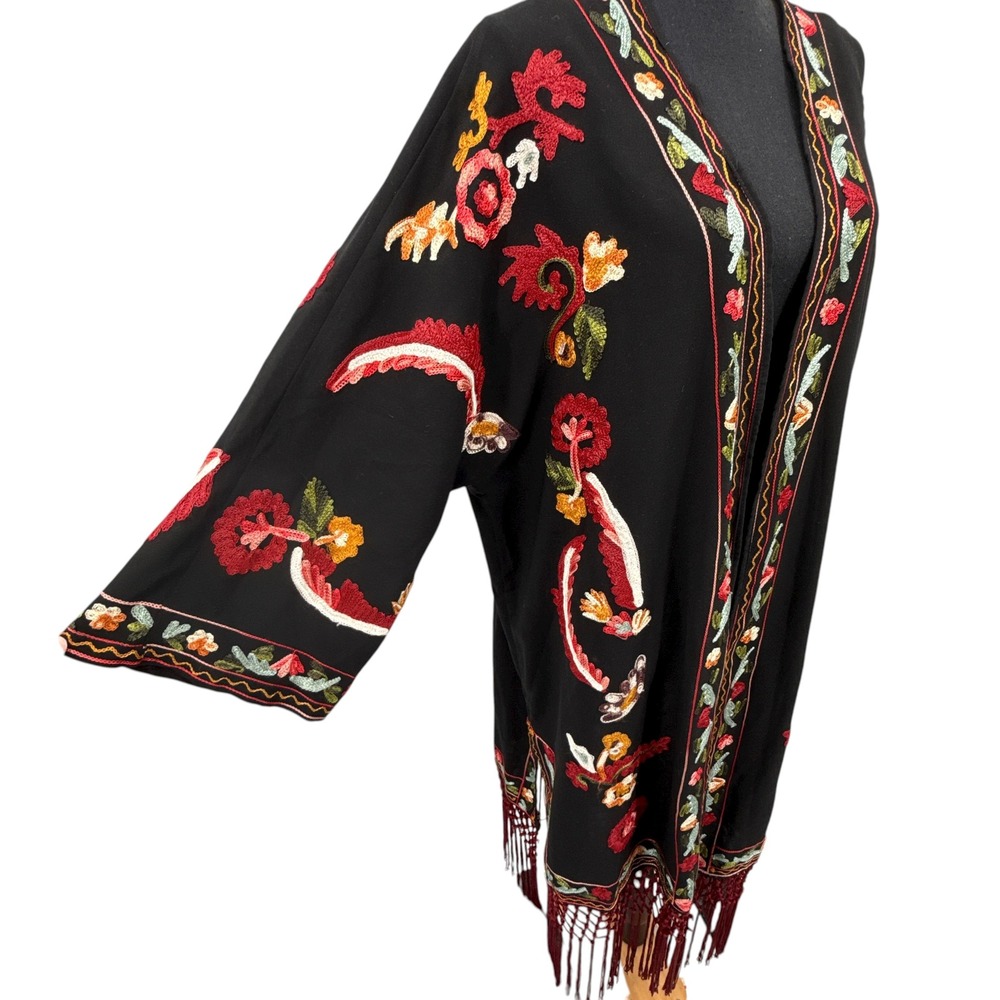 Zara Womens Black Embroidered Kimono Duster Cardigan Fringe Boho Festival M L - Picture 8 of 9